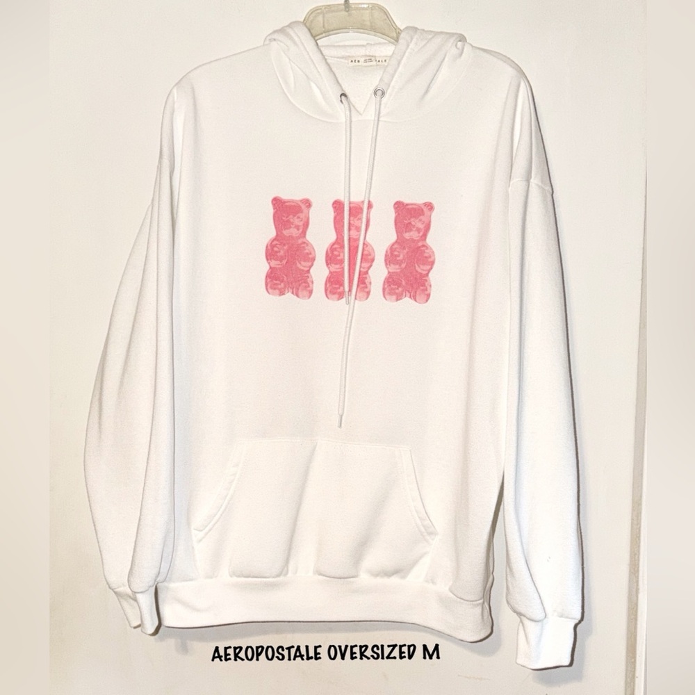 Aeropostale White Hoodie with Pink Bear Accents Oversized M EUC